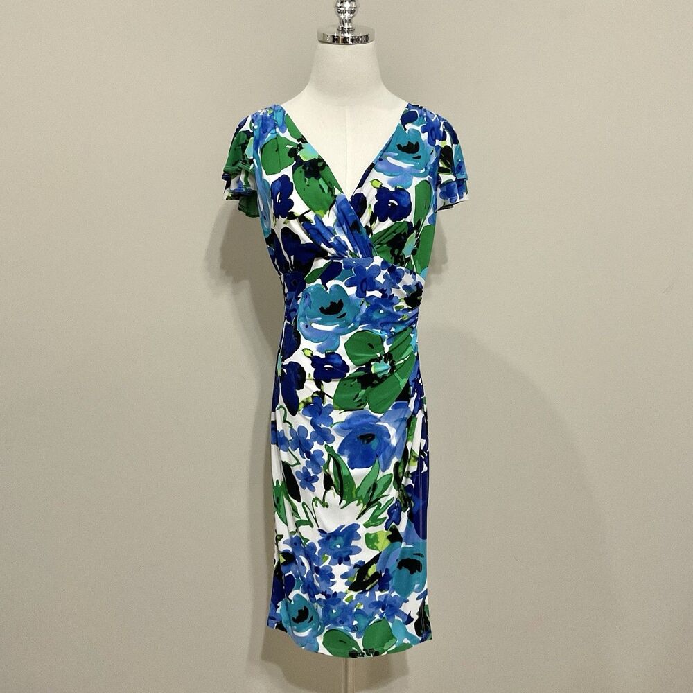 Lauren Ralph Lauren Blue Green Floral Ruched Sheath Dress Flutter Sleeve Sz 6